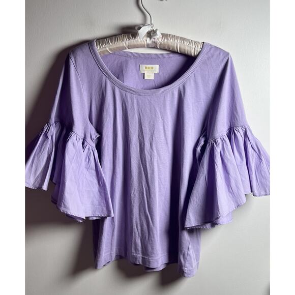 Maeve Anthropologie Ruffle-Sleeve Tee Blouse Top Solid Ribbed Lavender Sz M - Picture 5 of 11